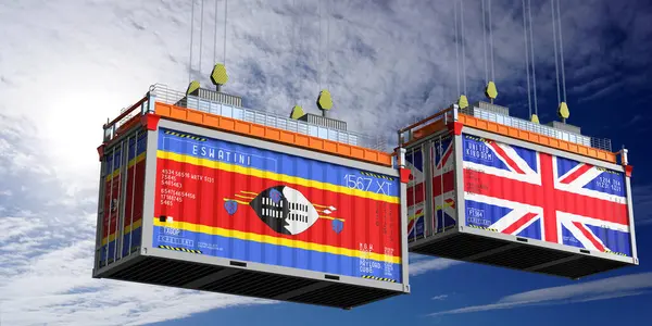 Eswatini ve Birleşik Krallık bayraklı nakliye konteynerleri - 3 boyutlu illüstrasyon