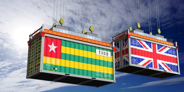 Üzerinde Togo ve Birleşik Krallık bayrakları olan konteynırlar - 3 boyutlu illüstrasyon