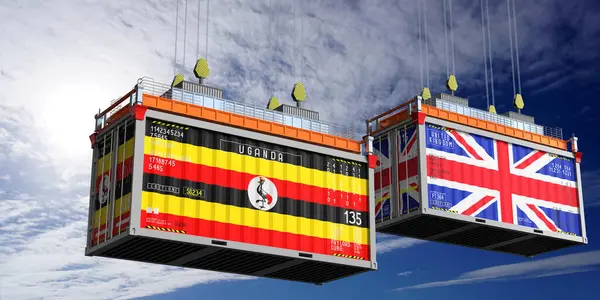Uganda ve Birleşik Krallık bayraklı nakliye konteynerleri - 3 boyutlu illüstrasyon