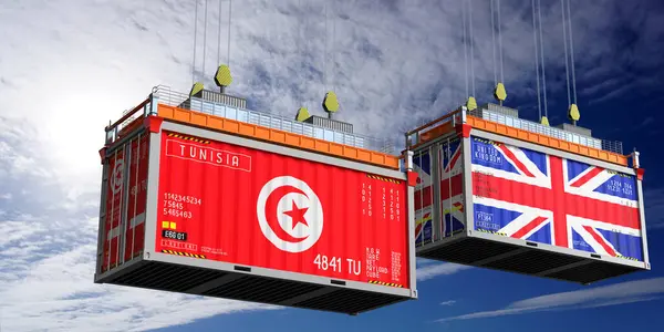Tunus ve Birleşik Krallık bayraklı nakliye konteynerleri - 3D illüstrasyon