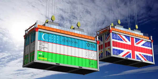 Özbekistan ve Birleşik Krallık bayraklı nakliye konteynerleri - 3D illüstrasyon