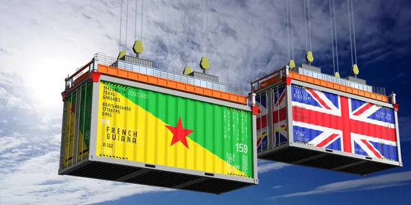 Fransız Guyanası ve Birleşik Krallık bayraklı nakliye konteynerleri - 3 boyutlu illüstrasyon