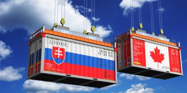 Slovakya ve Kanada bayraklı nakliye konteynerleri - 3D illüstrasyon