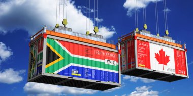 Güney Afrika ve Kanada bayraklı nakliye konteynerleri - 3D illüstrasyon