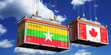 Myanmar ve Kanada bayraklı nakliye konteynerleri - 3D illüstrasyon