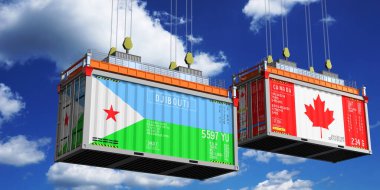 Cibuti ve Kanada bayraklı nakliye konteynerleri - 3D illüstrasyon