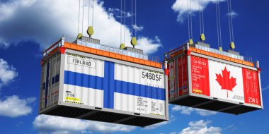 Finlandiya ve Kanada bayraklı nakliye konteynerleri - 3D illüstrasyon