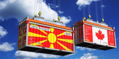 Kuzey Makedonya ve Kanada bayraklı nakliye konteynerleri - 3D illüstrasyon