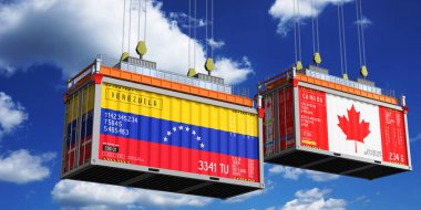 Venezuela ve Kanada bayraklı nakliye konteynerleri - 3D illüstrasyon