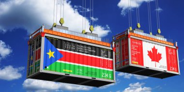 Güney Sudan ve Kanada bayraklı konteynırlar - 3D illüstrasyon