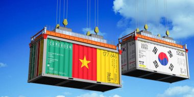 İçinde Kamerun ve Güney Kore bayrakları olan konteynırlar - 3 boyutlu illüstrasyon