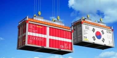 Danimarka ve Güney Kore bayraklı nakliye konteynerleri - 3 boyutlu illüstrasyon