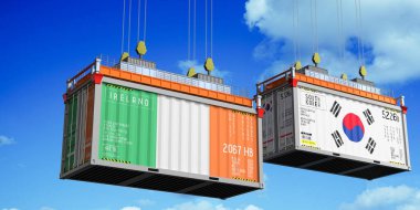 İrlanda ve Güney Kore bayraklı nakliye konteynerleri - 3 boyutlu illüstrasyon