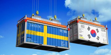 İsveç ve Güney Kore bayraklı konteynırlar - 3D illüstrasyon
