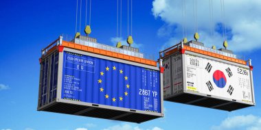 Avrupa Birliği ve Güney Kore bayraklı nakliye konteynerleri - 3D illüstrasyon