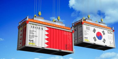 Bahreyn ve Güney Kore bayraklı konteynırlar - 3 boyutlu illüstrasyon