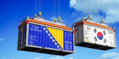Bosna-Hersek ve Güney Kore bayraklı konteynırlar - 3 boyutlu illüstrasyon