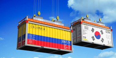 Kolombiya ve Güney Kore bayraklı konteynırlar - 3 boyutlu illüstrasyon