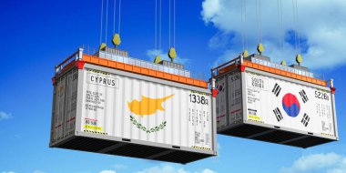 Kıbrıs ve Güney Kore bayraklı konteynerler - 3D illüstrasyon