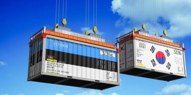 İçinde Estonya ve Güney Kore bayrakları olan konteynırlar - 3D illüstrasyon