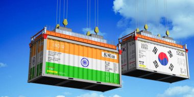 Hindistan ve Güney Kore bayraklı konteynırlar - 3 boyutlu illüstrasyon