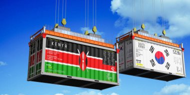 Kenya ve Güney Kore bayraklı nakliye konteynerleri - 3 boyutlu illüstrasyon