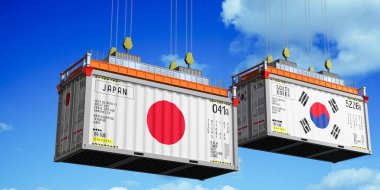 Japon ve Güney Kore bayraklı nakliye konteynerleri - 3 boyutlu illüstrasyon