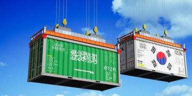 İçinde Suudi Arabistan ve Güney Kore bayrakları olan konteynırlar - 3D illüstrasyon