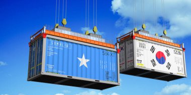 İçinde Somali ve Güney Kore bayrakları olan konteynırlar - 3 boyutlu illüstrasyon