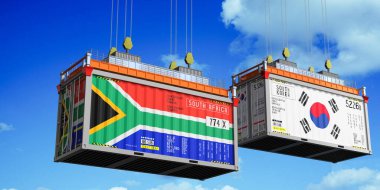 Güney Afrika ve Güney Kore bayraklı konteynırlar - 3 boyutlu illüstrasyon