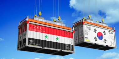 Suriye ve Güney Kore bayraklı konteynırlar - 3 boyutlu illüstrasyon