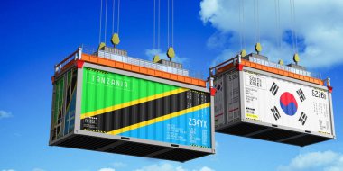 Tanzanya ve Güney Kore bayraklı konteynırlar - 3 boyutlu illüstrasyon