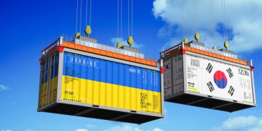 Ukrayna ve Güney Kore bayraklı konteynırlar - 3 boyutlu illüstrasyon