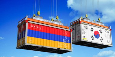 İçinde Ermenistan ve Güney Kore bayrakları olan konteynırlar - 3 boyutlu illüstrasyon