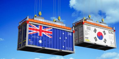 Avustralya ve Güney Kore bayraklı nakliye konteynerleri - 3 boyutlu illüstrasyon