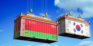 Beyaz Rusya ve Güney Kore bayraklı konteynırlar - 3 boyutlu illüstrasyon