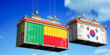 Benin ve Güney Kore bayraklı konteynırlar - 3 boyutlu illüstrasyon