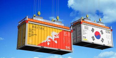 Bhutan ve Güney Kore bayraklı konteynırlar - 3 boyutlu illüstrasyon