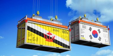 Brunei ve Güney Kore bayraklı konteynırlar - 3 boyutlu illüstrasyon