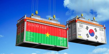 İçinde Burkina Faso ve Güney Kore bayrakları olan konteynırlar - 3 boyutlu illüstrasyon