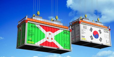 Burundi ve Güney Kore bayraklı konteynırlar - 3 boyutlu illüstrasyon