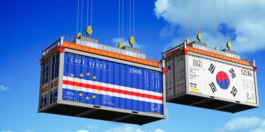 Cape Verde ve Güney Kore bayraklı konteynırlar - 3 boyutlu illüstrasyon