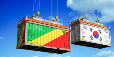 Kongo ve Güney Kore bayraklı konteynırlar - 3 boyutlu illüstrasyon