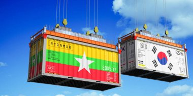 Myanmar ve Güney Kore bayraklı konteynırlar - 3 boyutlu illüstrasyon