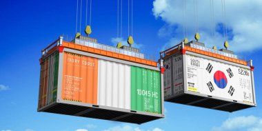 Fildişi Sahili ve Güney Kore bayraklı konteynırlar - 3 boyutlu illüstrasyon