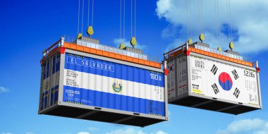 El Salvador ve Güney Kore bayraklı konteynırlar - 3 boyutlu illüstrasyon