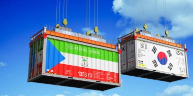 Ekvator Ginesi ve Güney Kore bayraklı konteynırlar - 3D illüstrasyon