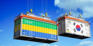 Gabon ve Güney Kore bayraklı konteynırlar - 3 boyutlu illüstrasyon