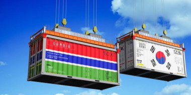 Gambiya ve Güney Kore bayraklı konteynırlar - 3 boyutlu illüstrasyon