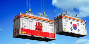 Cebelitarık ve Güney Kore bayraklı konteynırlar - 3 boyutlu illüstrasyon